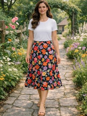 NWT Floral A-Line Midi Skirt in Multi-Color